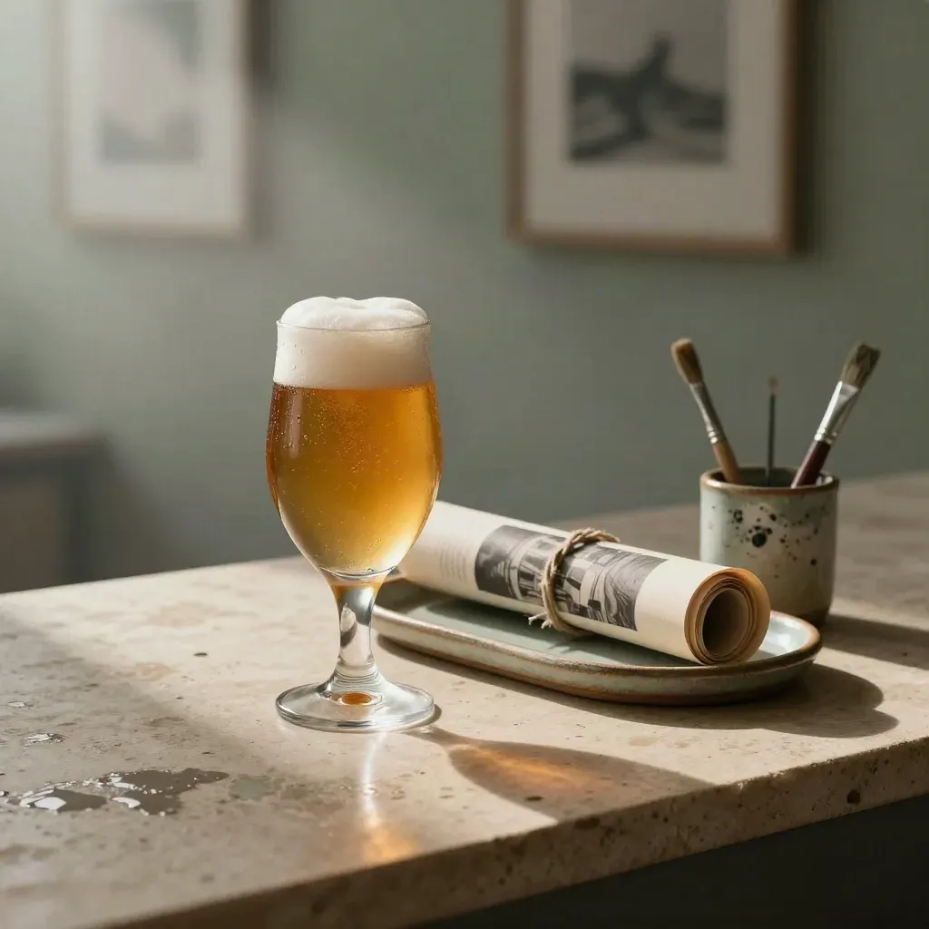 Amber beer, gallery print, flight tray and paintbrushes on stone after rain