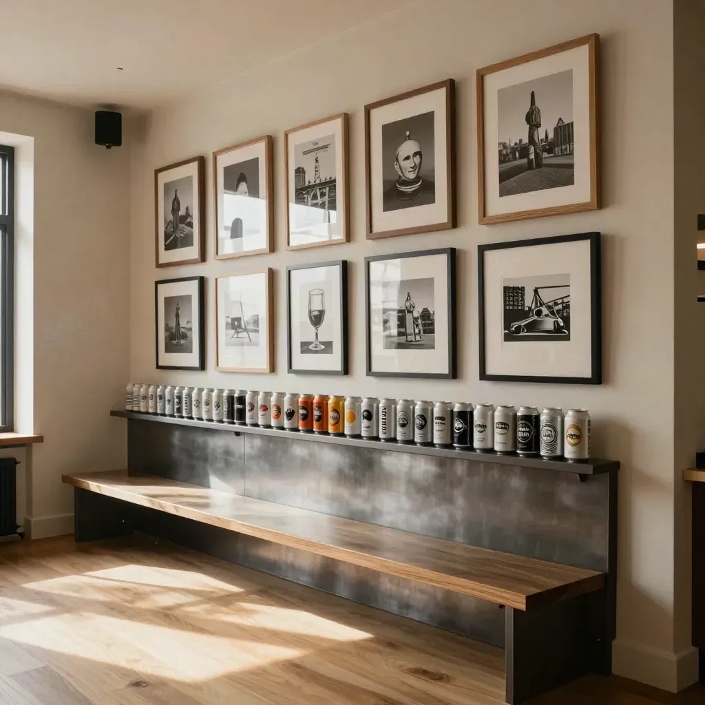 Taproom can-art wall with framed prints, beer cans, and stacked display boards in warm daylight.