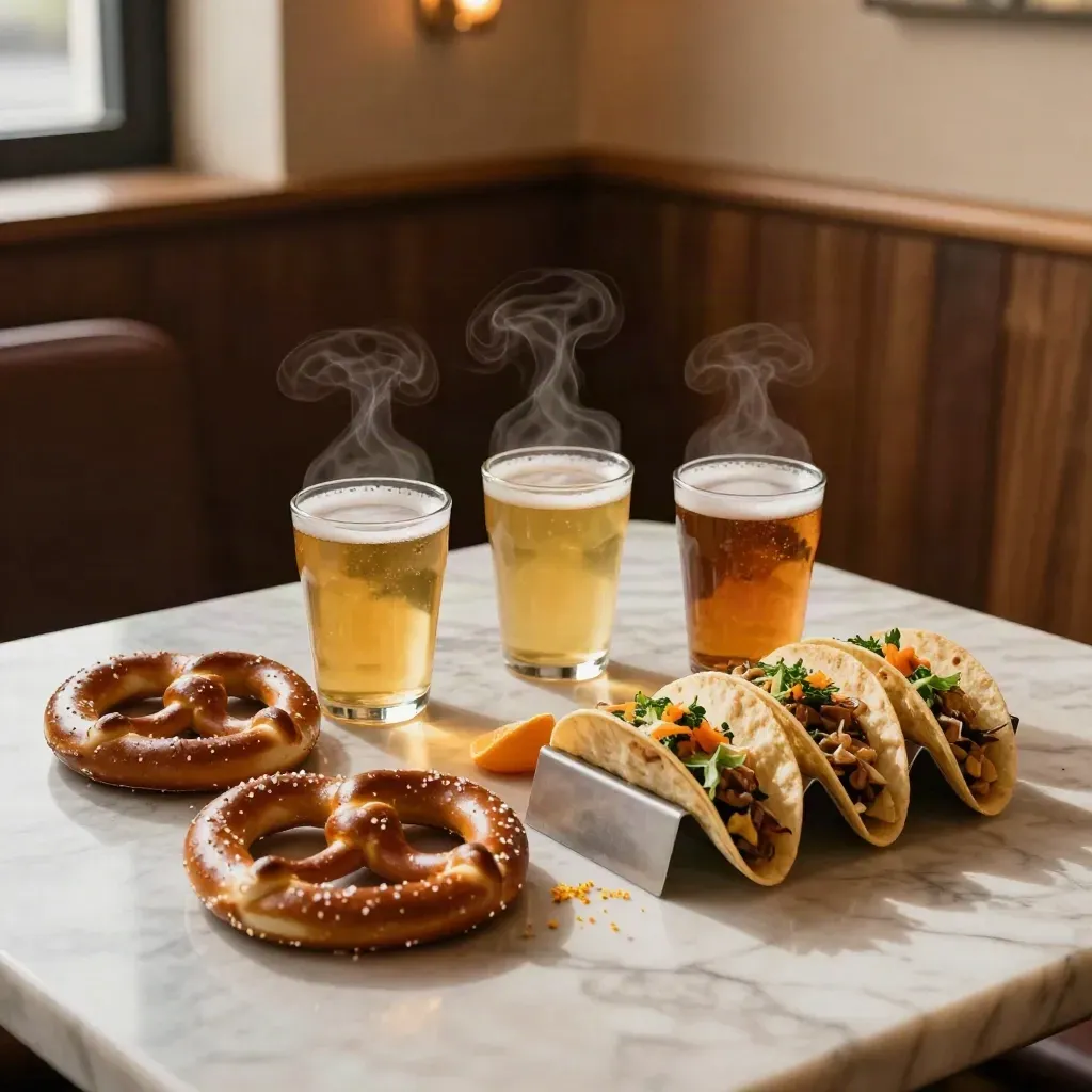 Pretzels, tacos, and three tasting pours on a marble table in warm taproom light.