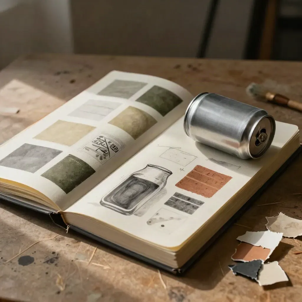Open sketchbook with beer label studies, color chips, a blank can prototype, torn paper tests, and an ink brush.