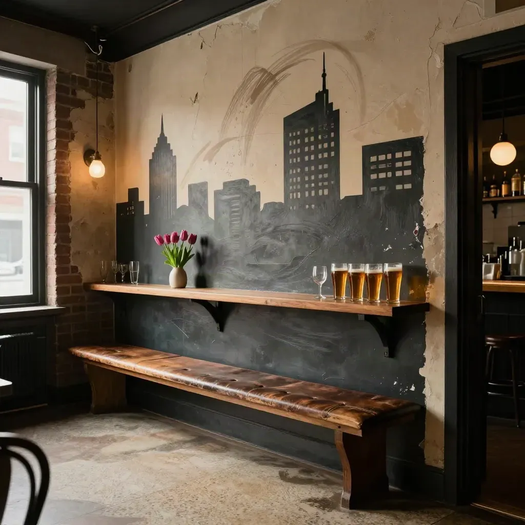 Chicago taproom mural wall with beer glasses on a shelf and worn bench below in warm light.