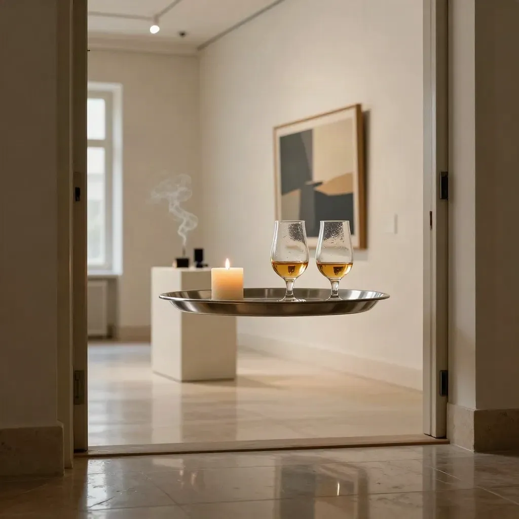 Gallery foyer with beer tray on pedestal and framed art reflected in polished stone.